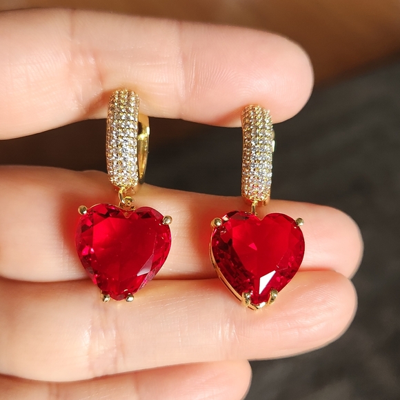 New 18K Gold Plated Large Heart Shaped Ruby Diamond Dangle Drop Hoop Earrings - Picture 7 of 10